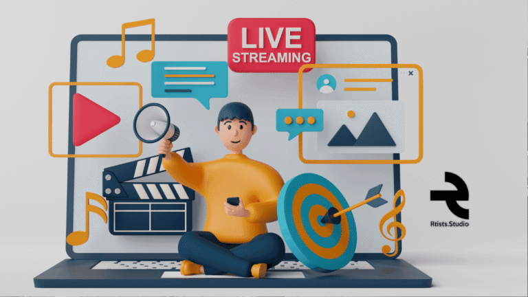 Graphic design with bold 'LIVE STREAMING' text and the 'Rtists Studio' logo,