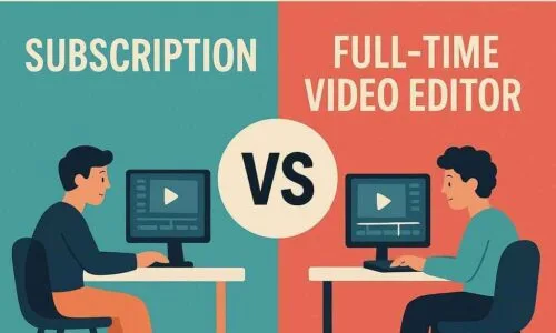 Illustration comparing a subscription video editor and a full-time video editor.