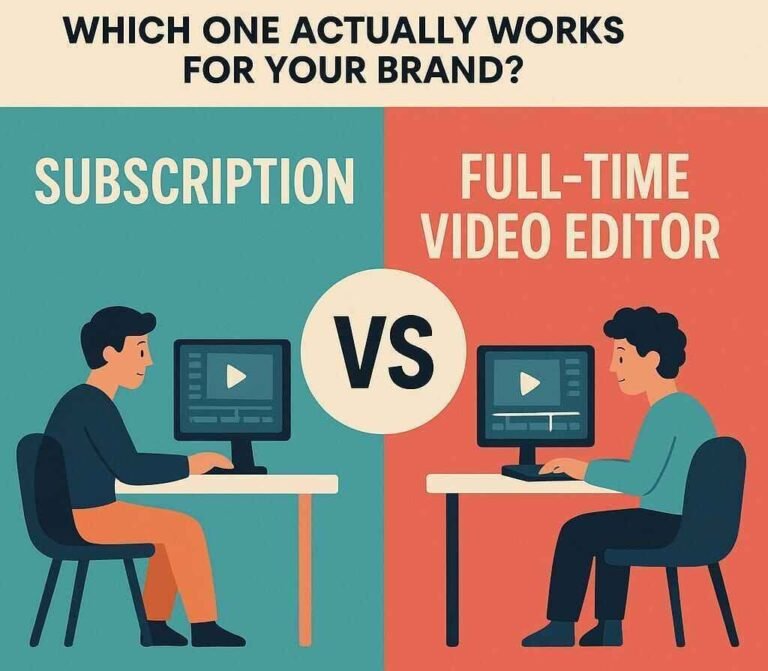 Illustration comparing a subscription video editor and a full-time video editor.