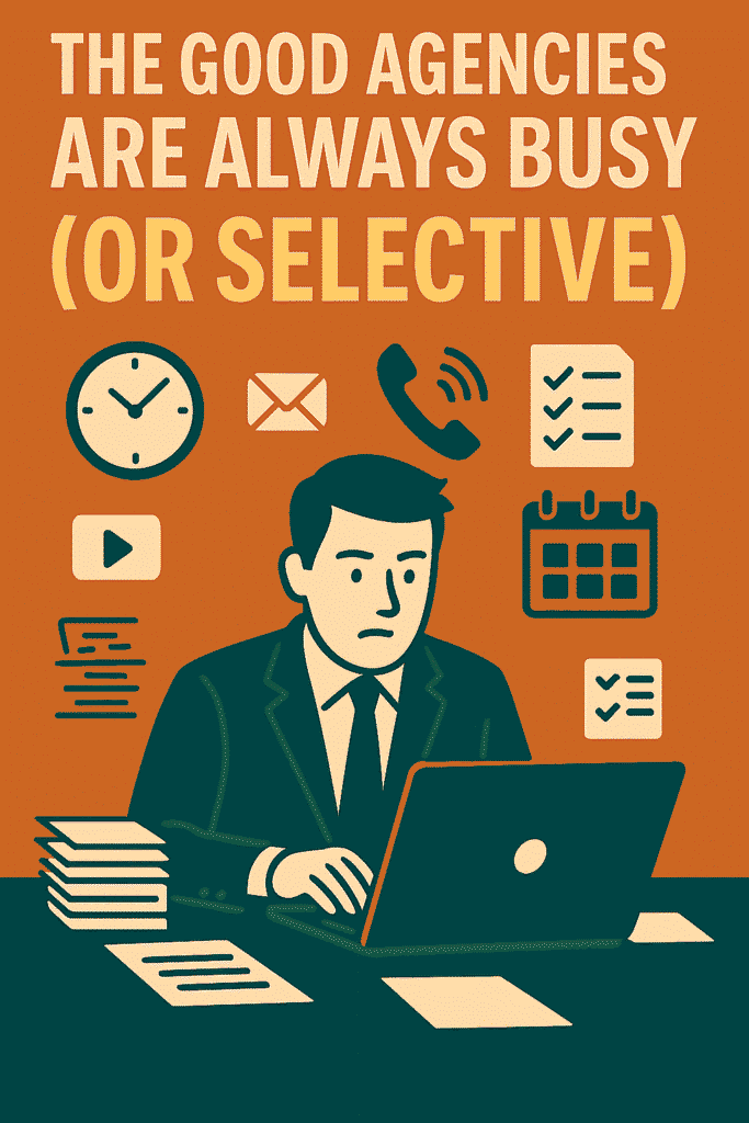 A busy man at a desk with icons of calls, emails, and videos, representing the high demand and limited availability of a top-tier video production company in Dubai.