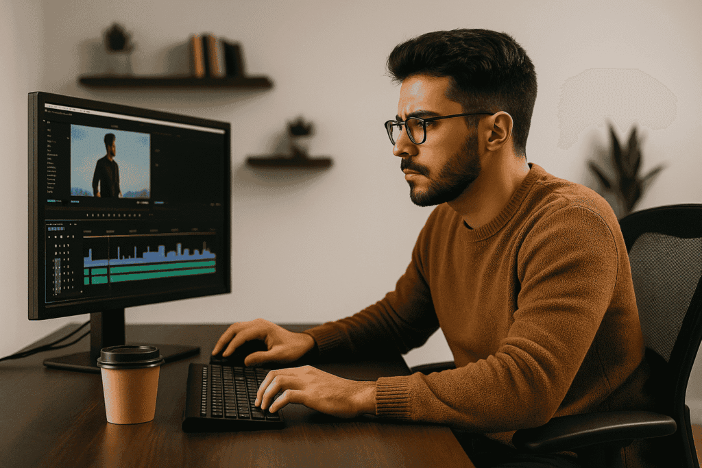 Focused male video editor wearing glasses, working on a desktop computer with editing software