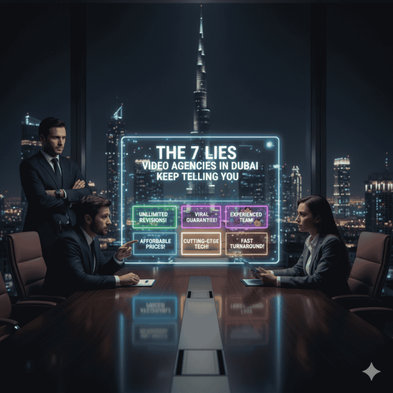 ‘The 7 Lies Video Agencies in Dubai Keep Telling You,’ focusing on video production industry myths and truths in Dubai