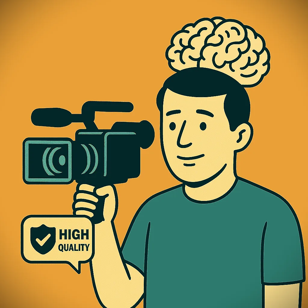 Illustration of a smiling video producer holding a high-quality camera with a visible brain above his head, symbolizing the importance of strategy and intelligence in video production.
