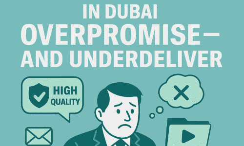 Infographic showing why video production companies in Dubai overpromise and underdeliver, featuring a sad businessman and video quality icons