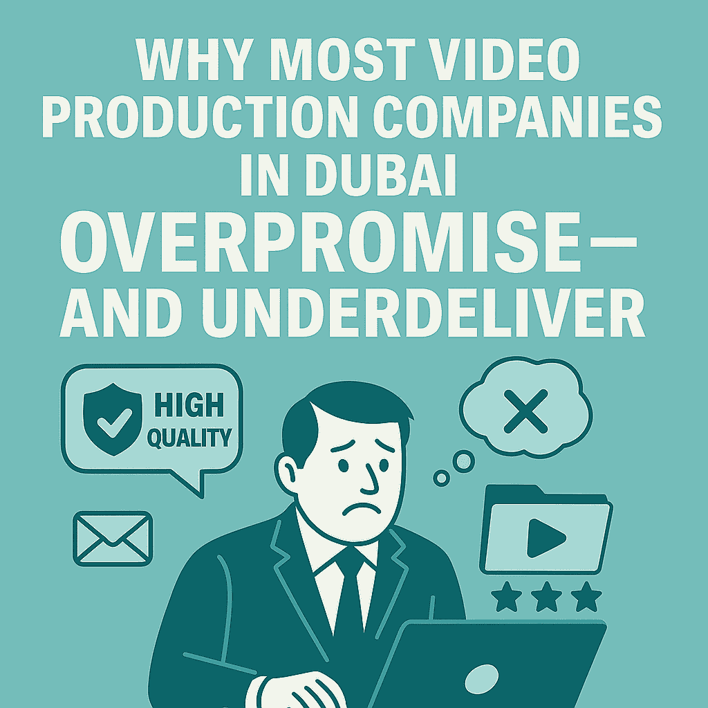 Infographic showing why video production companies in Dubai overpromise and underdeliver, featuring a sad businessman and video quality icons