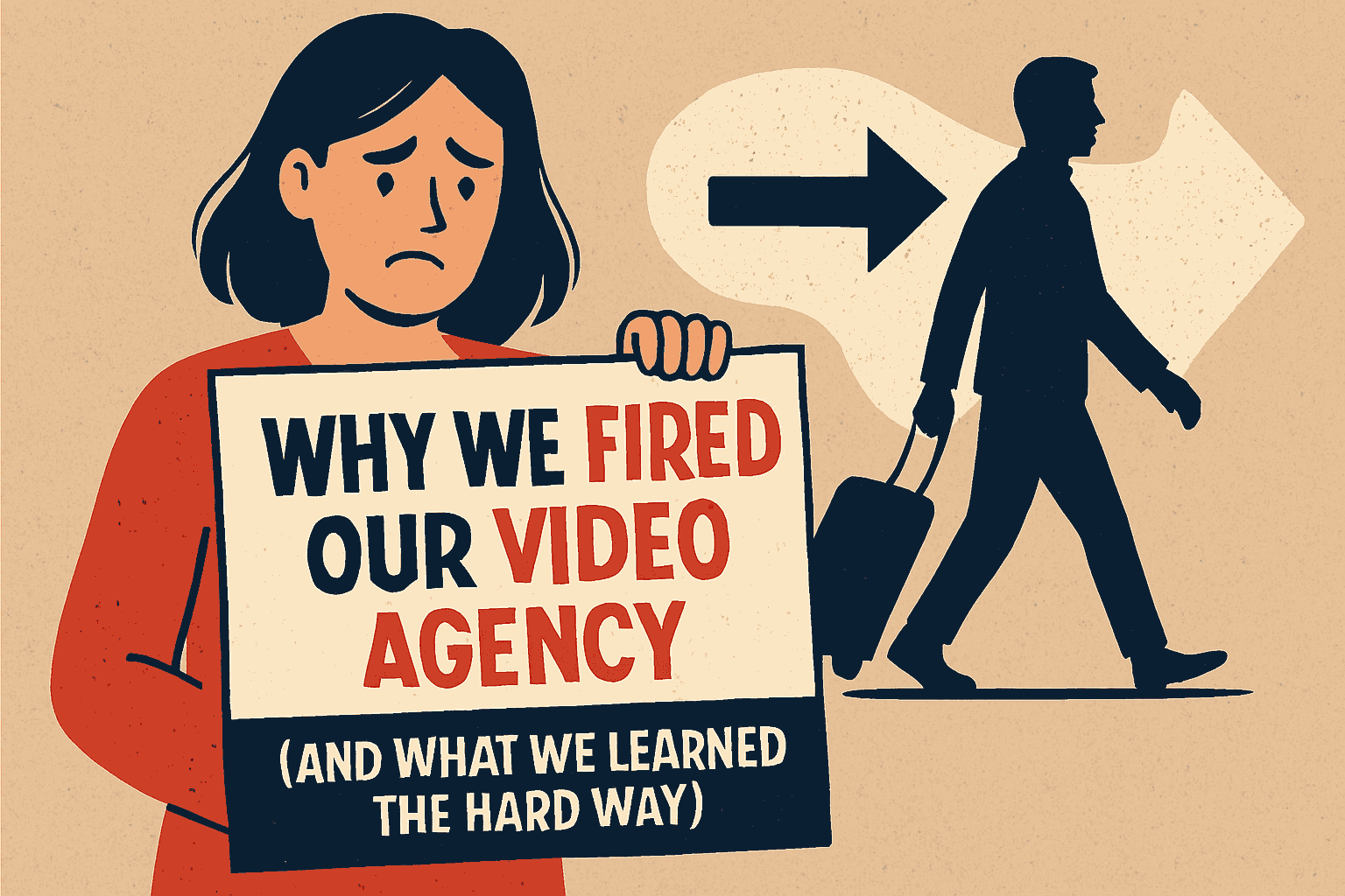 Illustration of a disappointed client holding a sign that says “Why We Fired Our Video Agency (And What We Learned the Hard Way),” symbolizing challenges in hiring the wrong video production company in Dubai.