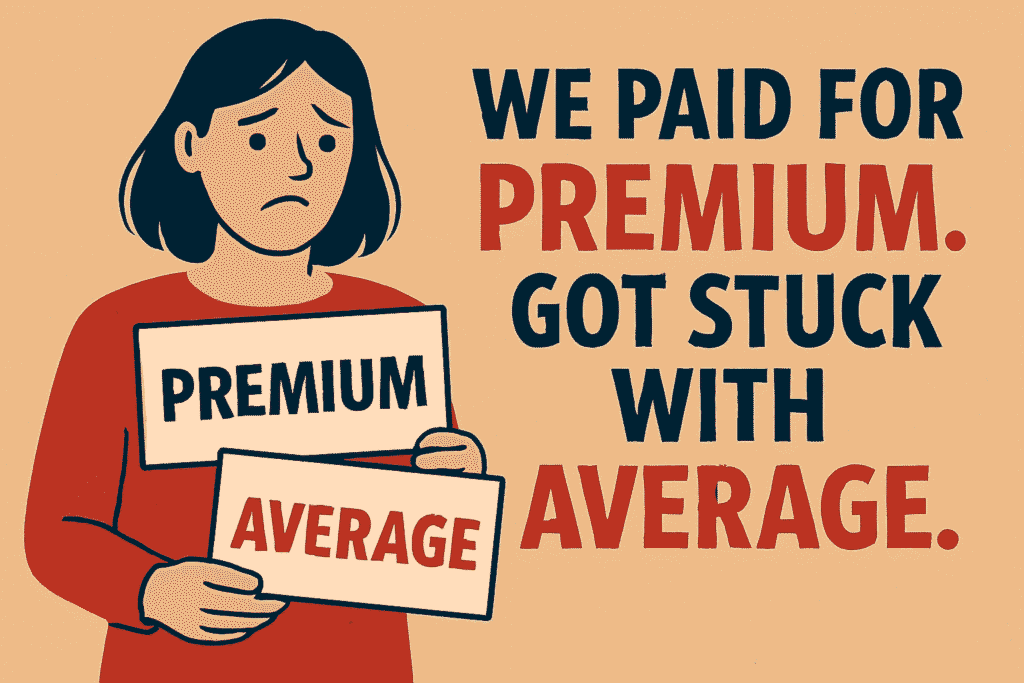 Illustration of a disappointed person holding two signs labeled "Premium" and "Average," with the text “We paid for premium. Got stuck with average.” Highlighting the risks of hiring the wrong video production company in Dubai.