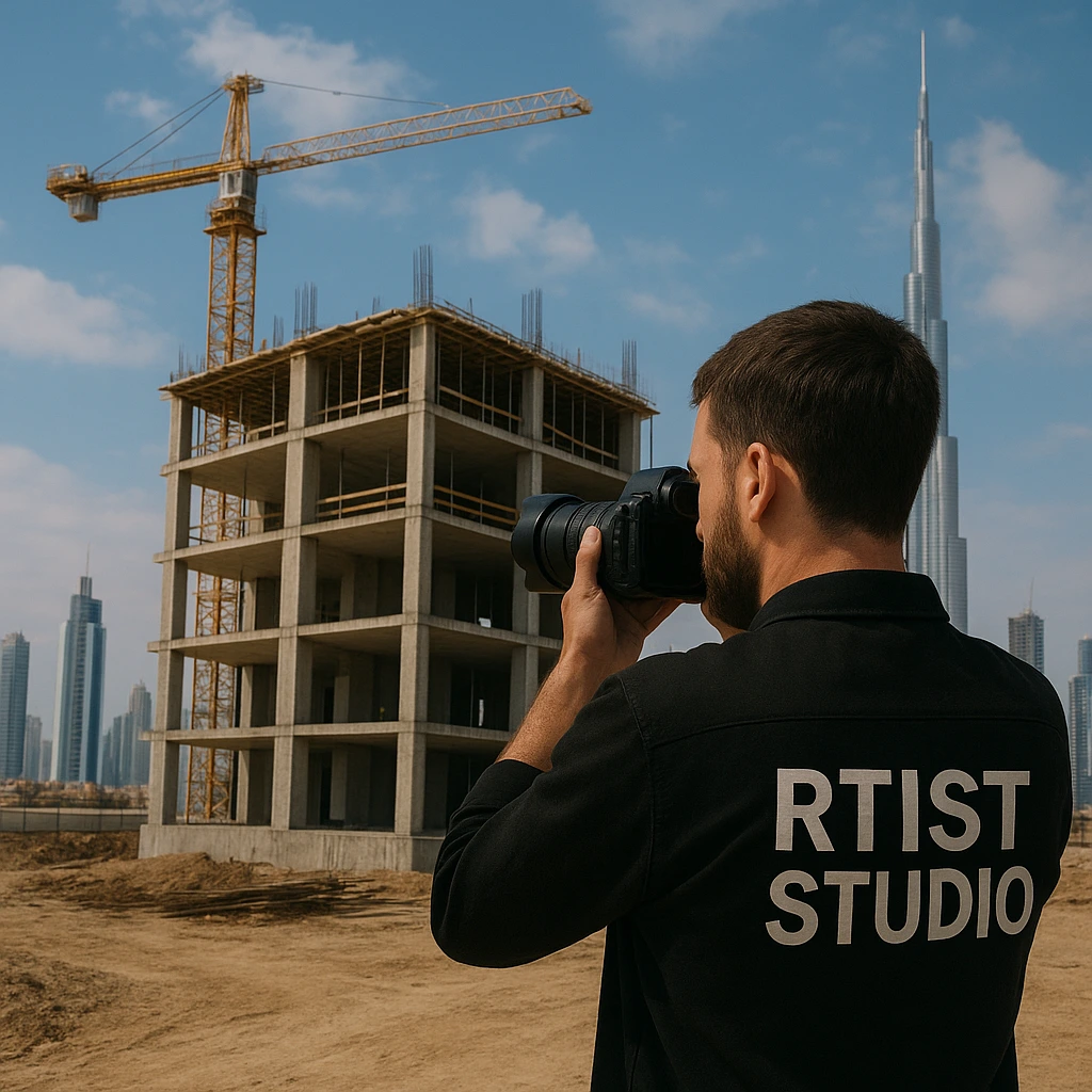 A man photographing a construction site, part of an off-plan developer video by Rtist Studio.