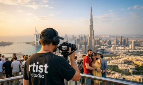 A man captures a photo of the city view from a building's rooftop during a video shoot