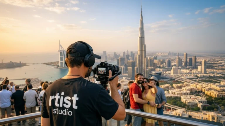 A man captures a photo of the city view from a building's rooftop during a video shoot