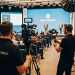 A man in a black shirt films a conference, showcasing the event for Rtist Studio, a video production company in Dubai