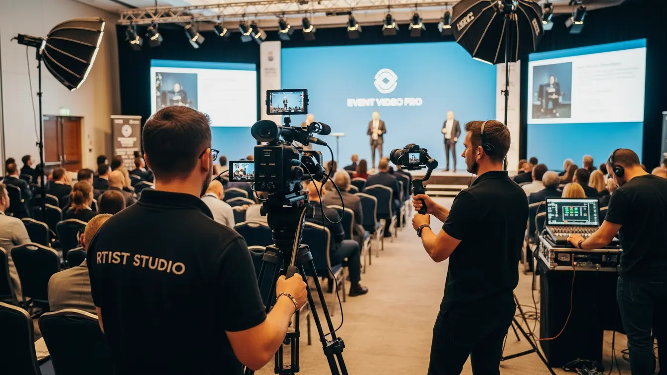 A man in a black shirt films a conference, showcasing the event for Rtist Studio, a video production company in Dubai