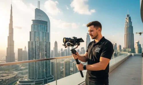A man stands on a balcony with a camera, overlooking the city, showcasing his work as a Dubai real estate videographer.