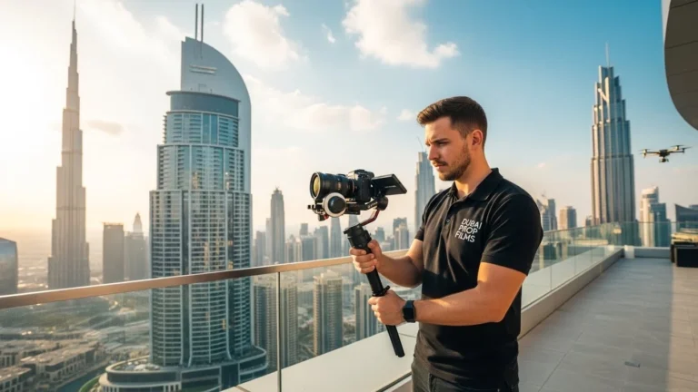 A man stands on a balcony with a camera, overlooking the city, showcasing his work as a Dubai real estate videographer.