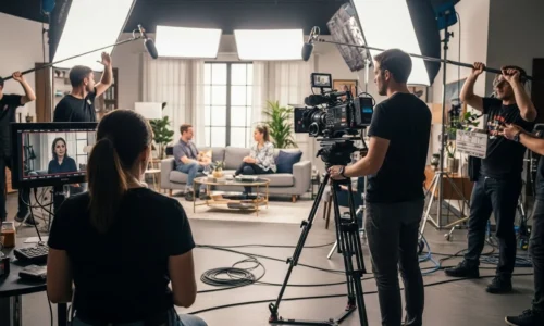 Team of professionals working together in a video studio, equipped with cameras and lighting, in Dubai.