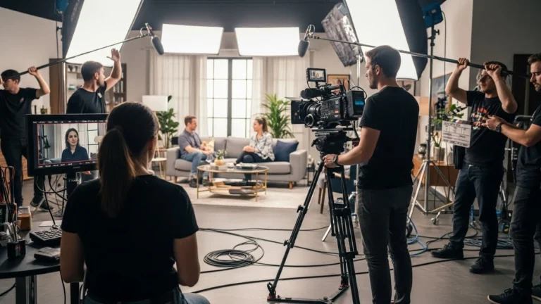 Team of professionals working together in a video studio, equipped with cameras and lighting, in Dubai.