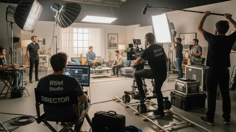 Team members working together in a Dubai studio for video production.