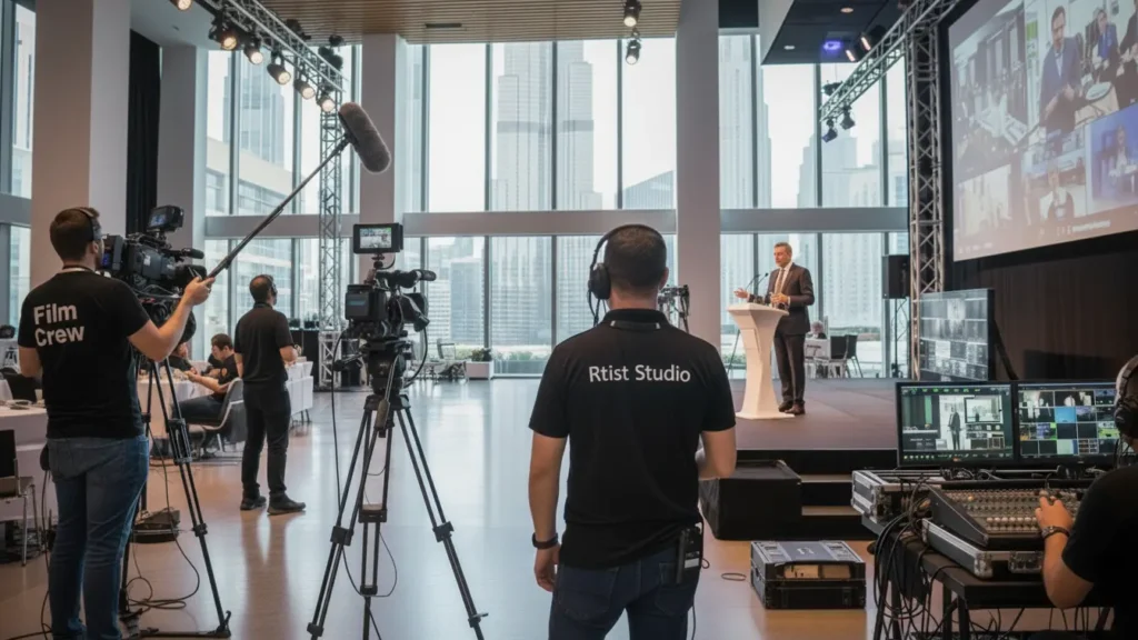 A group of people in a room with cameras and equipment, working on video production for event coverage in Dubai.
