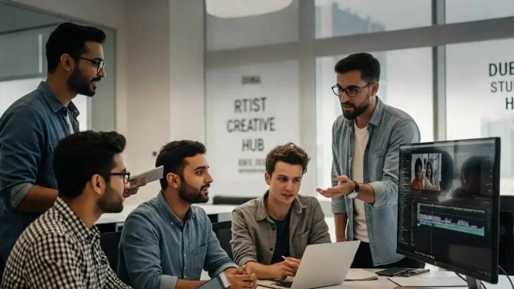 Team members in an office focused on a computer screen, exploring choices for video production services in Dubai
