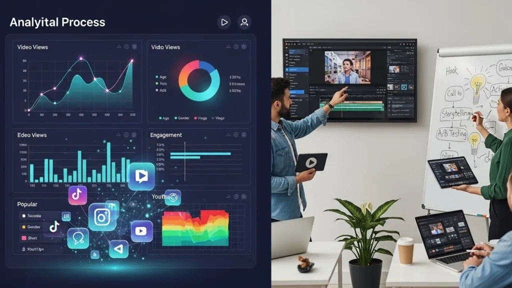 Group of professionals discussing analytics in a meeting room, using a whiteboard and laptop to improve video strategy.