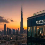 The Dubai skyline at dusk, featuring illuminated skyscrapers, symbolizing the artistic vision of Rtist Studio in video production.