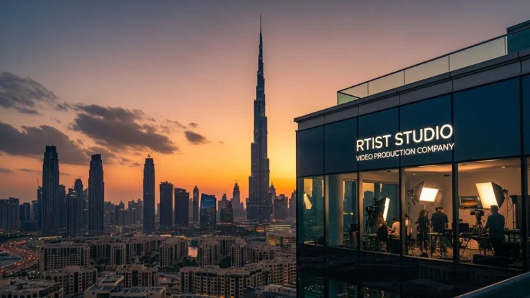 The Dubai skyline at dusk, featuring illuminated skyscrapers, symbolizing the artistic vision of Rtist Studio in video production.