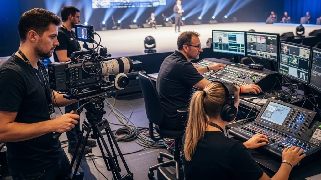 Team members working together on stage with several monitors, focused on event video production tasks.