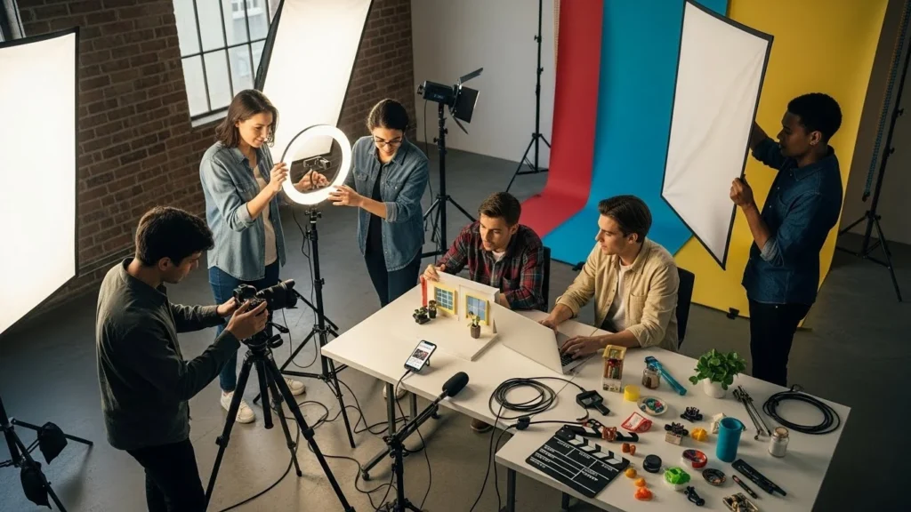 Team of individuals working together on a video, highlighting the importance of storytelling in social media production.