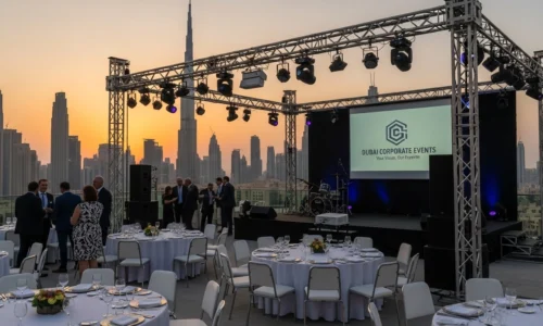 Outdoor corporate event setup in Dubai with stage, lighting, branded screen, and city skyline at sunset.