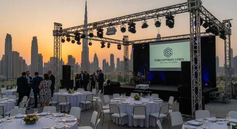 Outdoor corporate event setup in Dubai with stage, lighting, branded screen, and city skyline at sunset.
