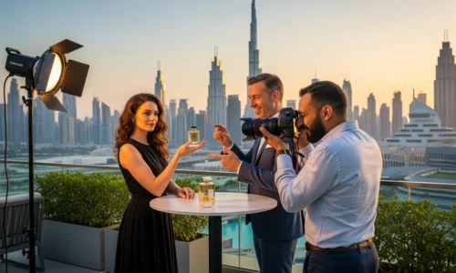 A professional photographer and a woman capture images with a camera on a rooftop, enjoying the city view.