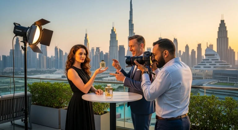 A professional photographer and a woman capture images with a camera on a rooftop, enjoying the city view.