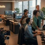 Office scene with people engaged in video production work, utilizing various video equipment in a collaborative environment.