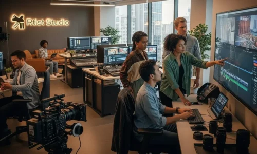 Office scene with people engaged in video production work, utilizing various video equipment in a collaborative environment.
