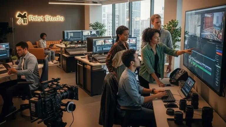 Office scene with people engaged in video production work, utilizing various video equipment in a collaborative environment.