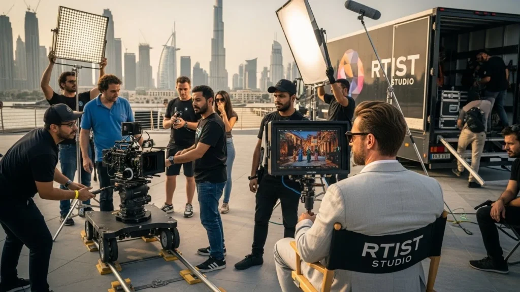 A group of people on a boat, capturing footage with a camera for film production services.