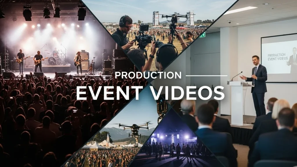 Event videographer capturing production event videos with professional equipment and dynamic angles.