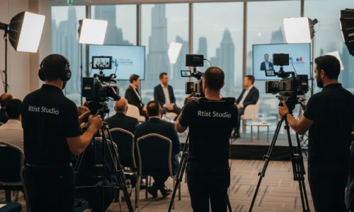 A group of people gathered in front of a large screen during an event, captured by a videographer.