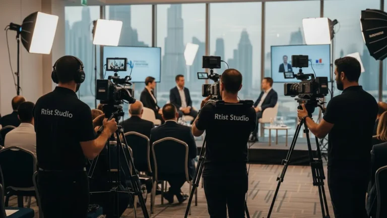 A group of people gathered in front of a large screen during an event, captured by a videographer.