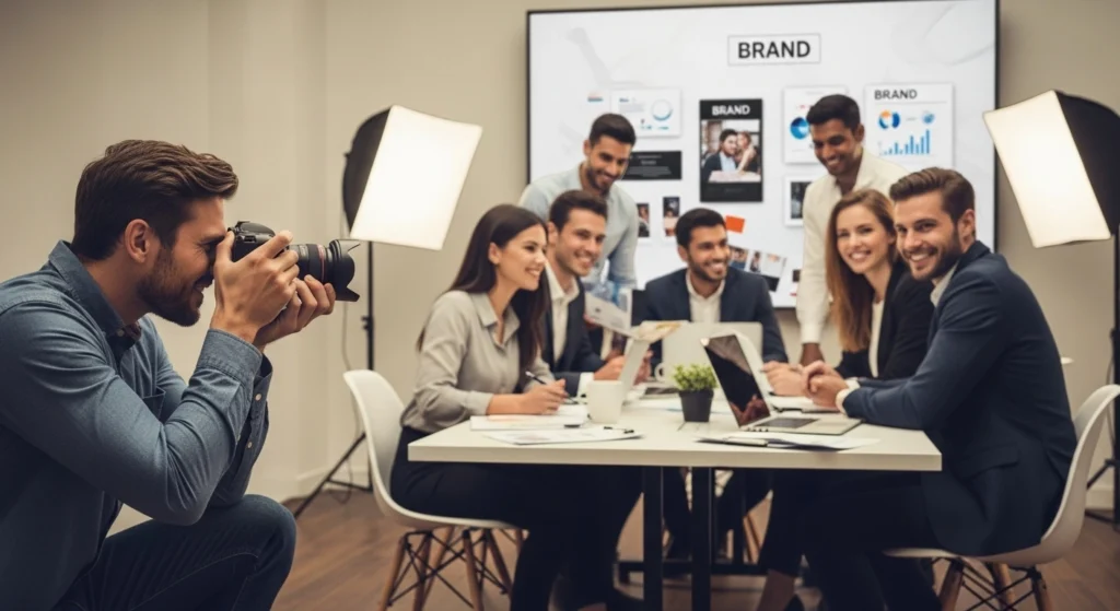 A group of people gathered around a table, discussing photography with a professional camera in the center.