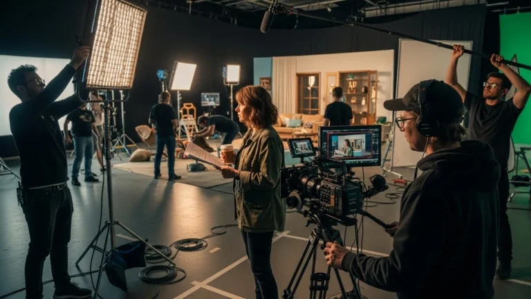 A group of people in a video production studio, standing in front of a green screen backdrop.
