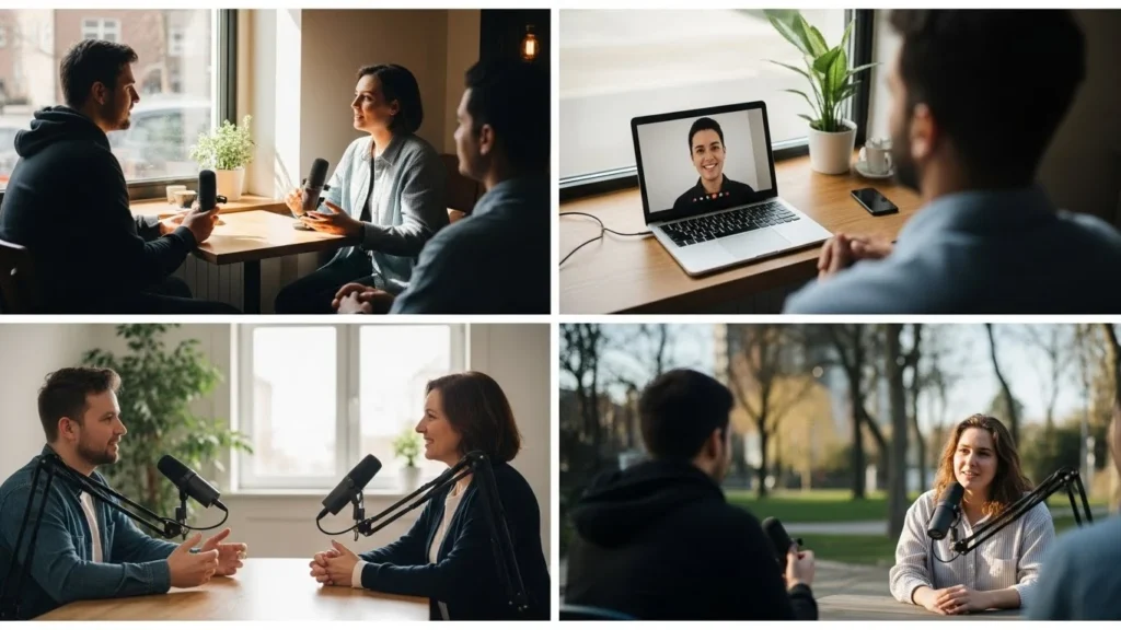 Four images of people engaged in a video call, showcasing various styles of professional interview video production.