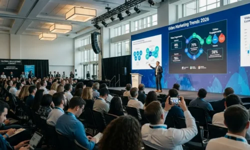 A large crowd of attendees gathered in a conference room for a Video Marketing event.