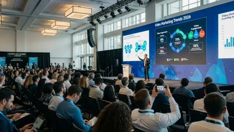 A large crowd of attendees gathered in a conference room for a Video Marketing event.