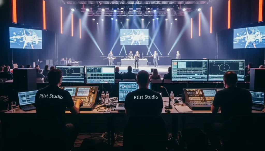 Technicians at work behind the scenes during a corporate event production, managing lighting and video.