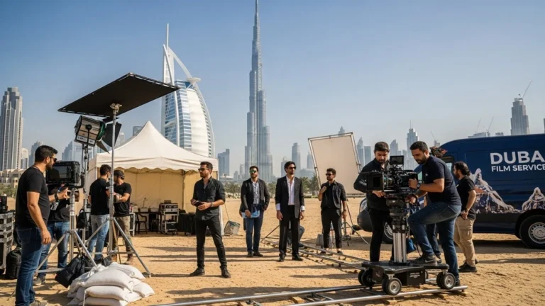 A group of people in the desert with a camera crew, engaged in film production services.