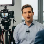 A man speaks to a camera while another man films, capturing a professional interview for video production
