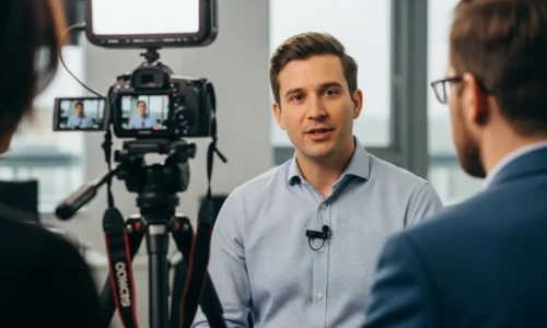 A man speaks to a camera while another man films, capturing a professional interview for video production
