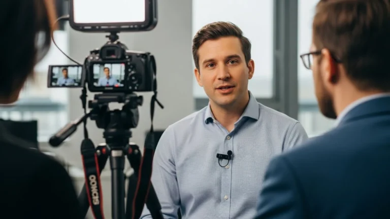 A man speaks to a camera while another man films, capturing a professional interview for video production