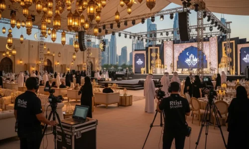 Luxury Ramadan Event production in Dubai with traditional Iftar décor, stage lighting, and professional video coverage.